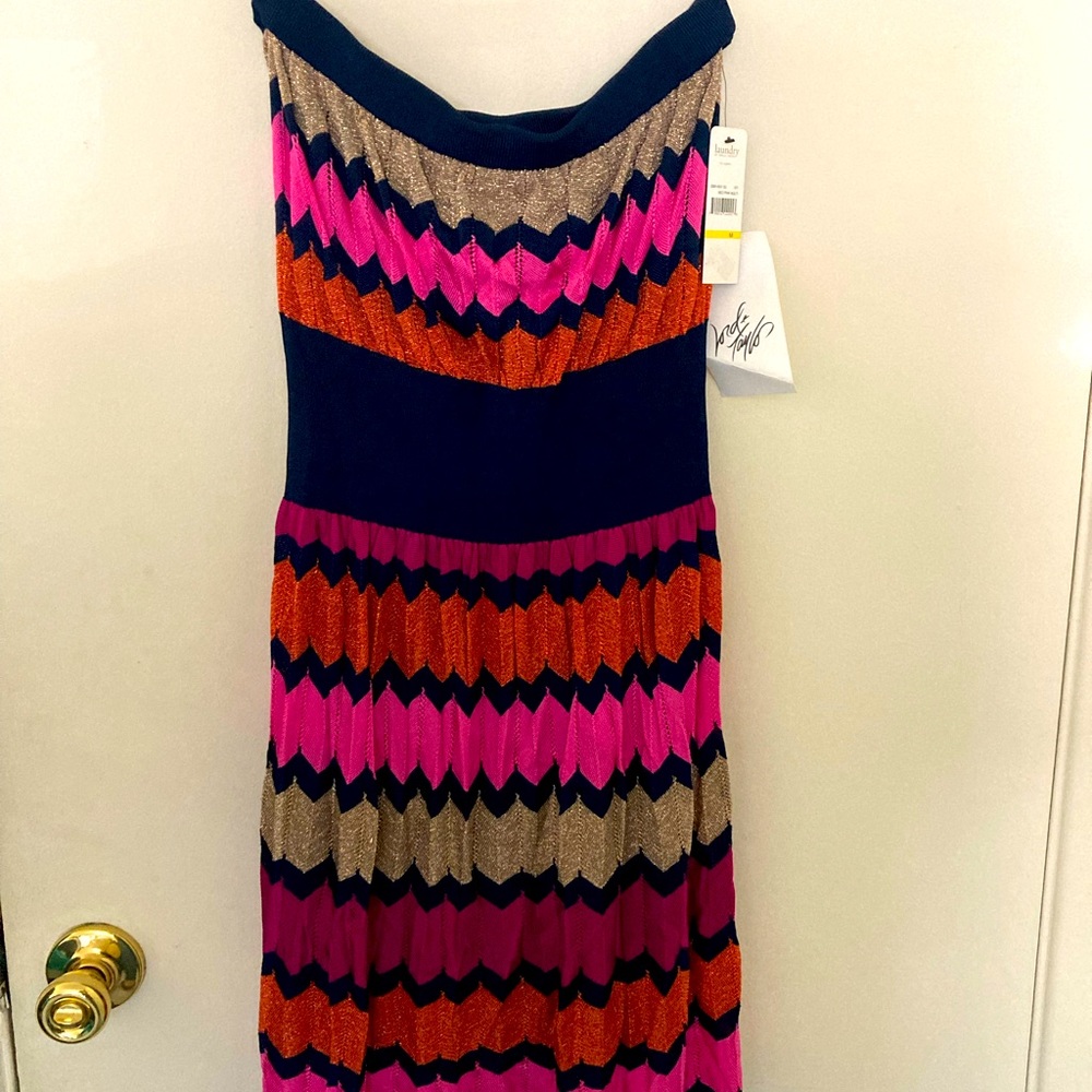 Laundry by Shelli Segal Strapless Neo Pink Multicolored Midi Dress Medium Pretty